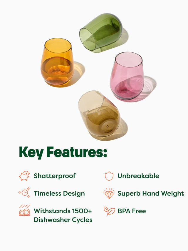 RESERVE 16oz Stemless Wine Color Series Tritan™ Copolyester Glass Mixed Set - Bulk