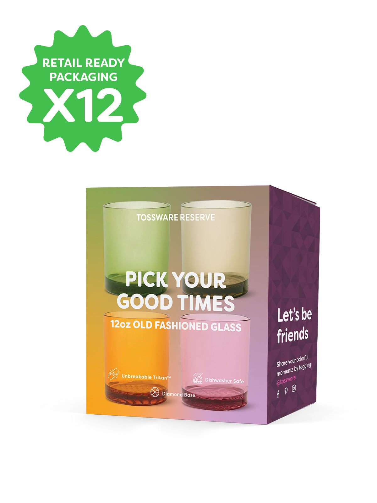 RESERVE 12oz Old Fashioned Color Series Tritan™ Copolyester Glass Mixed Set - Bulk