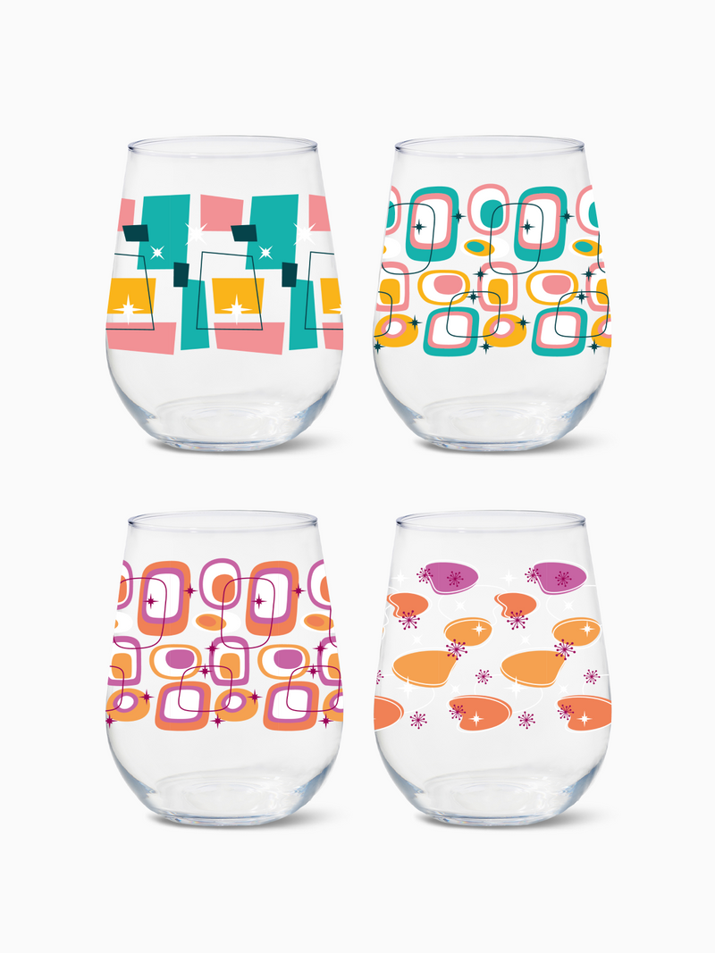 Mid-Century Retro Pattern - RESERVE 16oz Stemless Wine Tritan™ Copolyester Glass