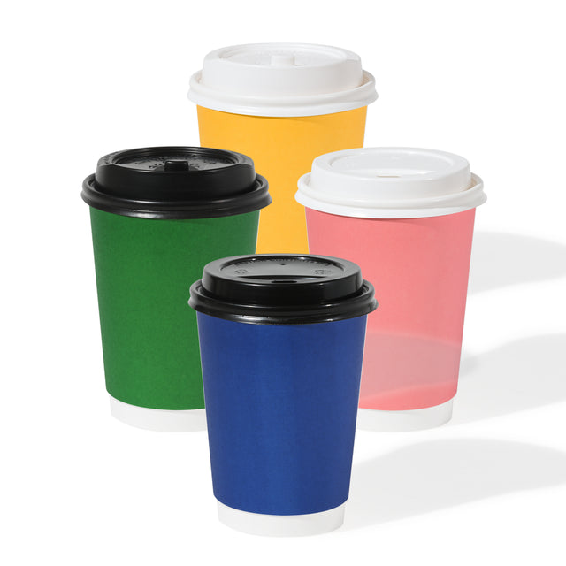 GO 12oz Double Wall Paper Cup Mixed Color Bundle with Lids