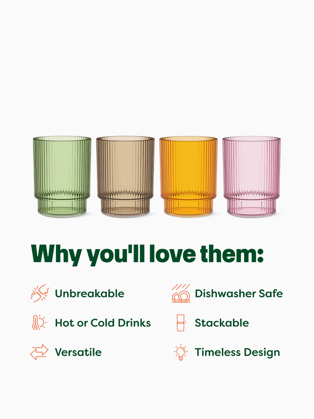 12oz tumblers 8 Pack | TOSSWARE | 12oz Fluted Tumbler - Mixed Color Set | Shatterproof, Ultra Durable, Crack Resistant & Dishwasher Safe